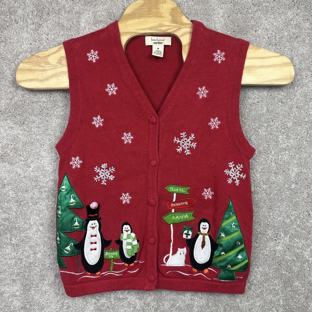 Bechamel Women Christmas Sweater Vest Penguins‎ Cats & Snowflakes Size Medium